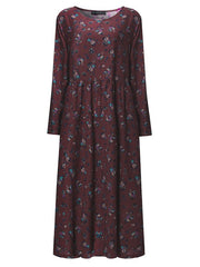 Floral Printed Pleated Long Sleeve Women Maxi Dress