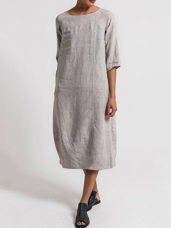 Solid Color 3/4 Sleeve Crew Neck Casual Women Midi Dress