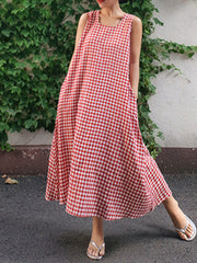 Wanawake Casual Sleeveless Plaid Side Pocket Loose Maxi Dress