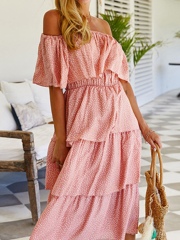 pink polka dot off the shoulder dress ASOS DESIGN mesh off the shoulder maxi dress with fishtail hem in pink polka -dot print