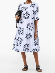 Floral Print Pleated O-neck Flare Sleeve Short Sleeve Casual Tiered Women Midi Dress