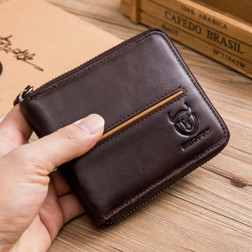 Genuine Leather Men Wallets Classic Free Engraving Name Zipper Purse Man  Card Horder Famous Brand Quality Male Wallet For Boy