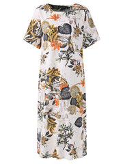 Vintage Retro Short Sleeve Cotton Floral Women Maxi Dress