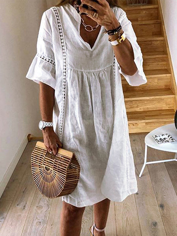 Women Short Sleeve V-neck Lace Hollow Solid Casual Dress
