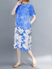 Short Sleeve Spliced Floral Casual Tie-dyed Women Midi Dress