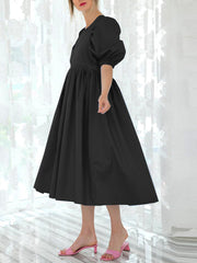 Back Zipper Pleated Puff Sleeve O-neck Ed Pockets Women Midi Dress