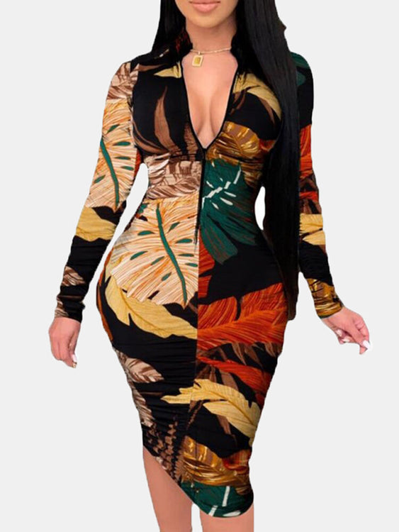 Plant Leaves Print Long Sleeve Zipper Elegant Women Midi Dress
