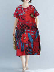 Contrast Color Floral Print O-neck Loose Short Sleeve Pocket Women Midi Dress