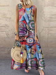 Wanawake Retro O-shingo Floral Print Sleeveless Maxi Dress