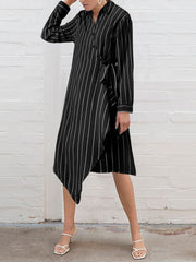 Striped Irregular Wrap Tie Naka-istilong Long Sleeve Women Midi Dress