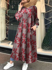 Женски ретро цветен печатен копче О-вратот надолу Кафтан џеб макси кошула фустан