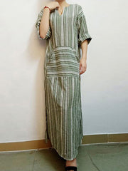 Striped V stûyê Long Sleeve Casual Loose Women Maxi Dress