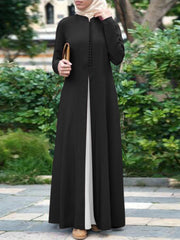Kontrastné farebné prešívanie Bohémsky gombík s dlhým rukávom Moslimské dámske maxi šaty Abaya Kaftan