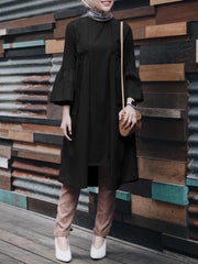 Pure Color Irregular Hem Flared Sleeve O-neck Casual Women Midi Dress