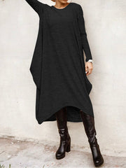 Long Sleeve Loose High Low Hem Midi Casual Women Midi Dress