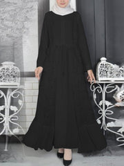 Retro Pure Color Stitching Ruffles Hem Lace Up Long Sleeve Muslim Kaftan Women Maxi Dress