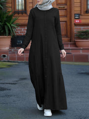 Solid Color Retro Button Up Lapel Long Sleeve Casual Muslim Abaya Kaftan Women Maxi Dress