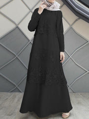 Jahitan Renda A-line O-neck Warna Murni Lengan Panjang Muslim Abaya Kaftan Wanita Maxi Dress