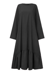 Pure Color Ruffled High Low Hem Full Sleeve O-neck Pocket Women Midi Dress