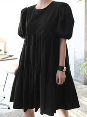 Pure Color Tiered Round Neck Stitching Casual Short Sleeve Women Midi Dress