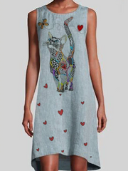 colorful-cat-print-sleeveless-vintage-women-midi-dress