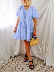 Pure Color Short Sleeve Elegant Women Midi Dress