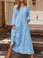 Vestido maxi vintage plisado de manga longa con escote en V de cor lisa para mulleres