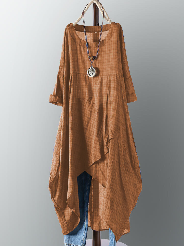 Plus Plaid Casual Asymmetrical Shirt Irregular Hem Women Maxi Dress – Come4Buy eShop