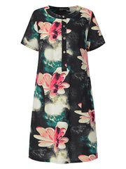 Ethnic Style Floral Print Short Sleeve Half Button Front Vintage Women Midi Dress