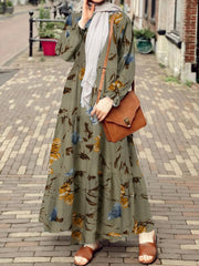 Retro Floral Printing Puff Sleeve O-neck Casual Holiday Women Maxi Dress