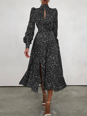 Puff Sleeve Turtleneck Polka Dot Print Lace Up Zipper Split Hem Maxi Party Women Midi Dress