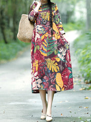 Floral Leaf Print Vintage Kasual Kanthong Wanita Midi Dress