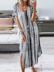 Tie-dye Short Sleeve V-neck Vintage Style Women Maxi Dress