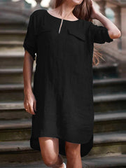 Γυναικείο Midi φόρεμα με απλό βαμβακερό λαιμόκοψη με κοντό μανίκι με σπαστό στρίφωμα ακανόνιστο βαμβακερό τσεπάκι