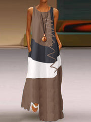 Повседневное длинное платье макси в стиле пэчворк без рукавов с круглым вырезом и боковыми карманами