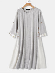 Карирани крпеници Везење О-деколте со долг ракав копче Секојдневен женски миди фустан