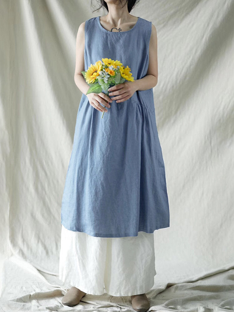 Pure Color Round Neck Loose Sleeveless Brief Casual Women Midi Dress – Come4Buy eShop