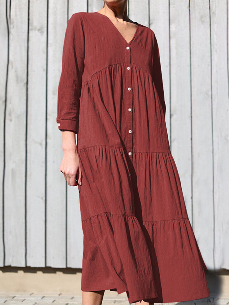 Cotton V-neck Button Front Long Sleeve Casual Layered Women Midi Dress – Come4Buy eShop