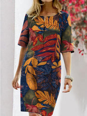 Вінтажна повсякденна жіноча сукня міді з бавовни та льону з квітковим принтом з половиною рукава