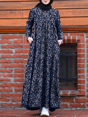 Floral Print Tiered O-neck Casual Pocket Women Maxi Dress