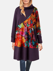 Vintage Heart Print Patchwork Turtleneck Casual Long Sleeve Women Midi Dress