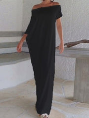 Casual Loose Women One Shoulder Pure Color Batwing Sleeve Maxi Dresses