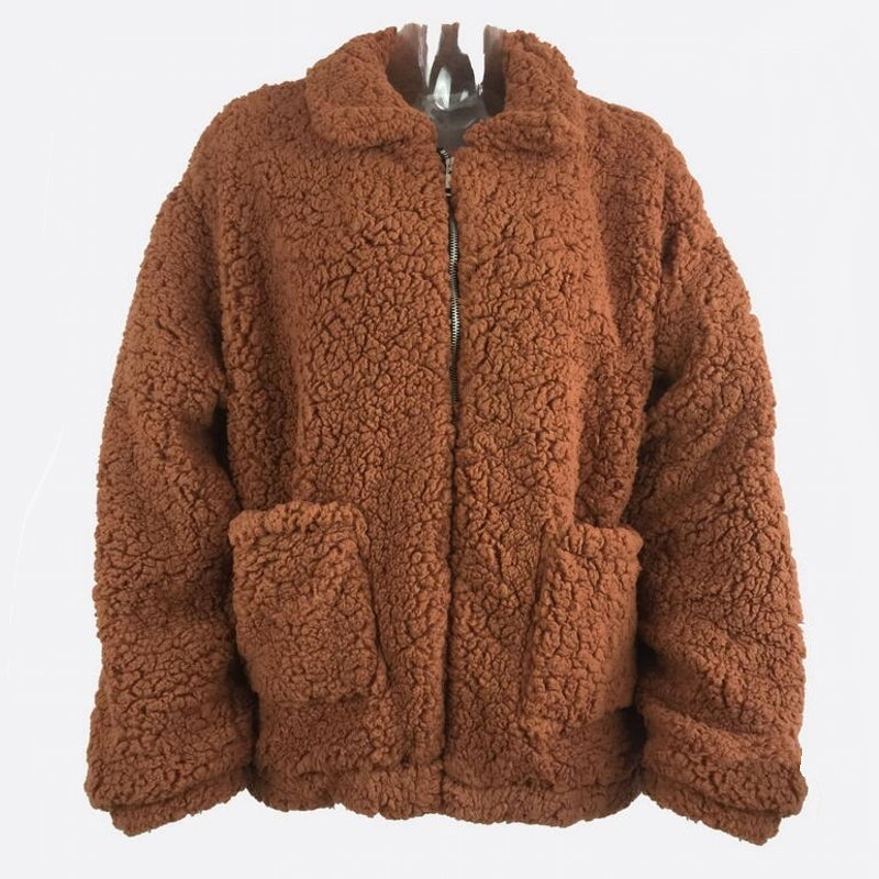  Janepam Women Furry Teddy Coat Shearling Loose Pocket