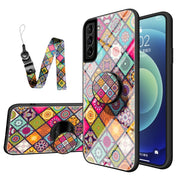 For Samsung Galaxy S21+ 5G Painted Ethnic Pattern Tempered Glass TPU Shockproof Case with Folding