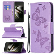Kanggo Samsung Galaxy S22 5G Embossing Two Butterflies Pattern Leather Case Phone with Holder