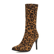Botas de tubo medio botas puntiagudas con estampado de leopardo y tacón alto con tacón de aguja elástico - Come4Buy eShop