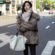 Korean Style Outwear Casual Zipper Jacket Women Winter Thick Parka Plaid Cotton Coat Casual Fur Collar Hooded Jacket - Come4Buy eShop