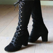 Women's Mid Calf Boots Shoes Woman Cross Lace Up Female Suede High Heels Ladies Thick Heels Retro