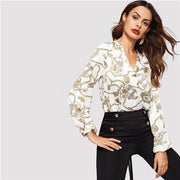 Office Lady White Cut-out V Neck Chain Print Top C4B Elegant Workwear Long Sleeve Blouse Women Autumn Top Blouses-Women Clothing-Come4Buy eShop