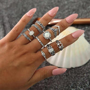 11 Pcs/set Ring Set Women Party Charm Jewelry Accessories Bohemian Retro Opal Lotus Crystal Wave Silver-Rings-Come4Buy eShop